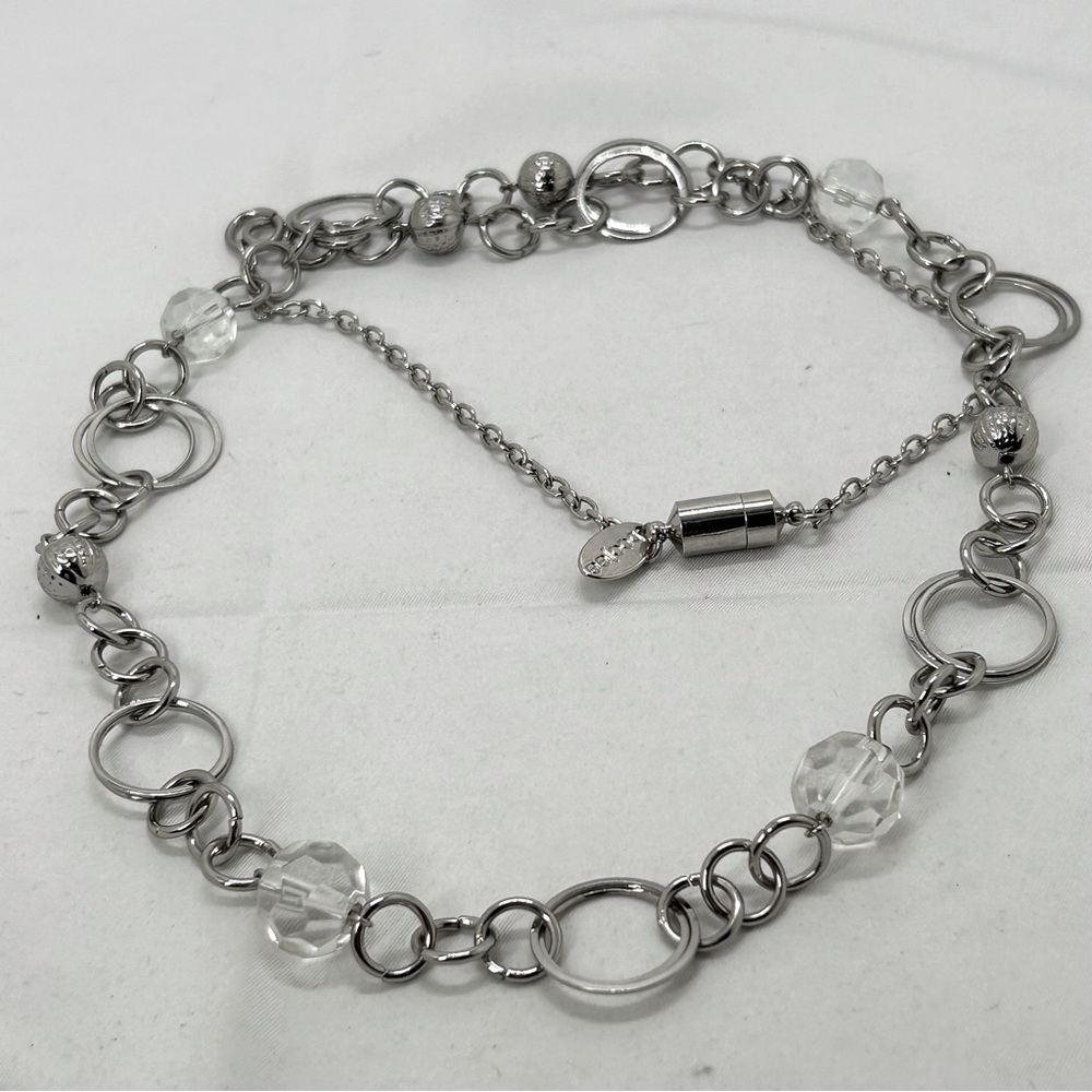 Boujee, Silver Link And Clear Crystal Necklace, Matinee Length